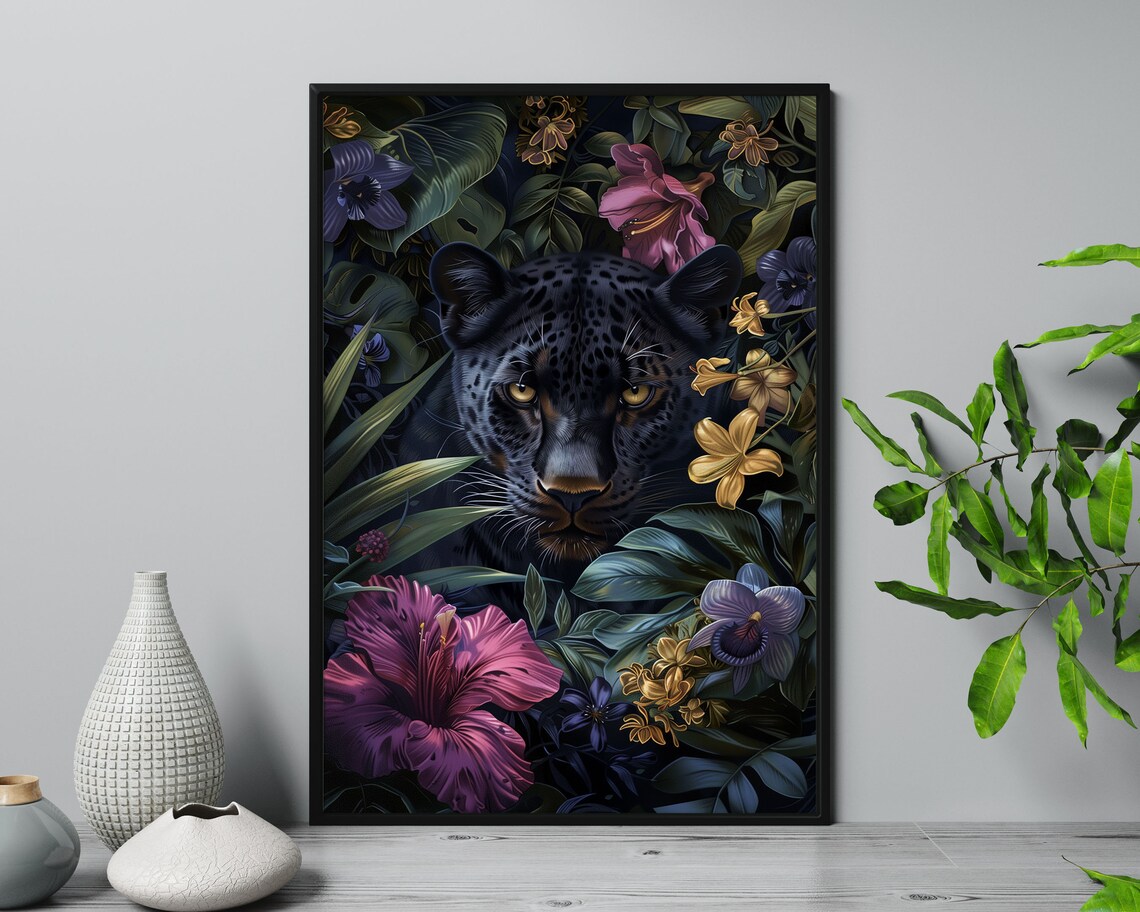 Mystical Black Leopard Among Tropical Flowers Jungle Cat Wall Art Print - Image 5