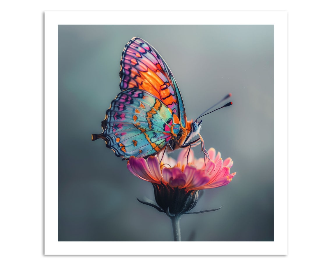 Multicolor Butterfly Resting On Pink Flower Macro Photo Wall Art - Image 3