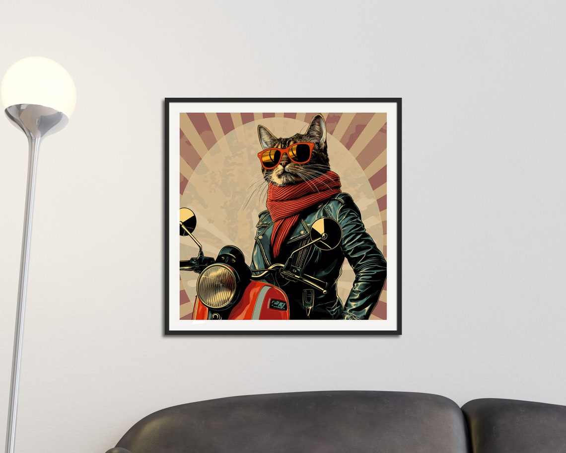 Cool Cat On Red Scooter Sunglasses Retro Biker Wall Art Print - Image 2