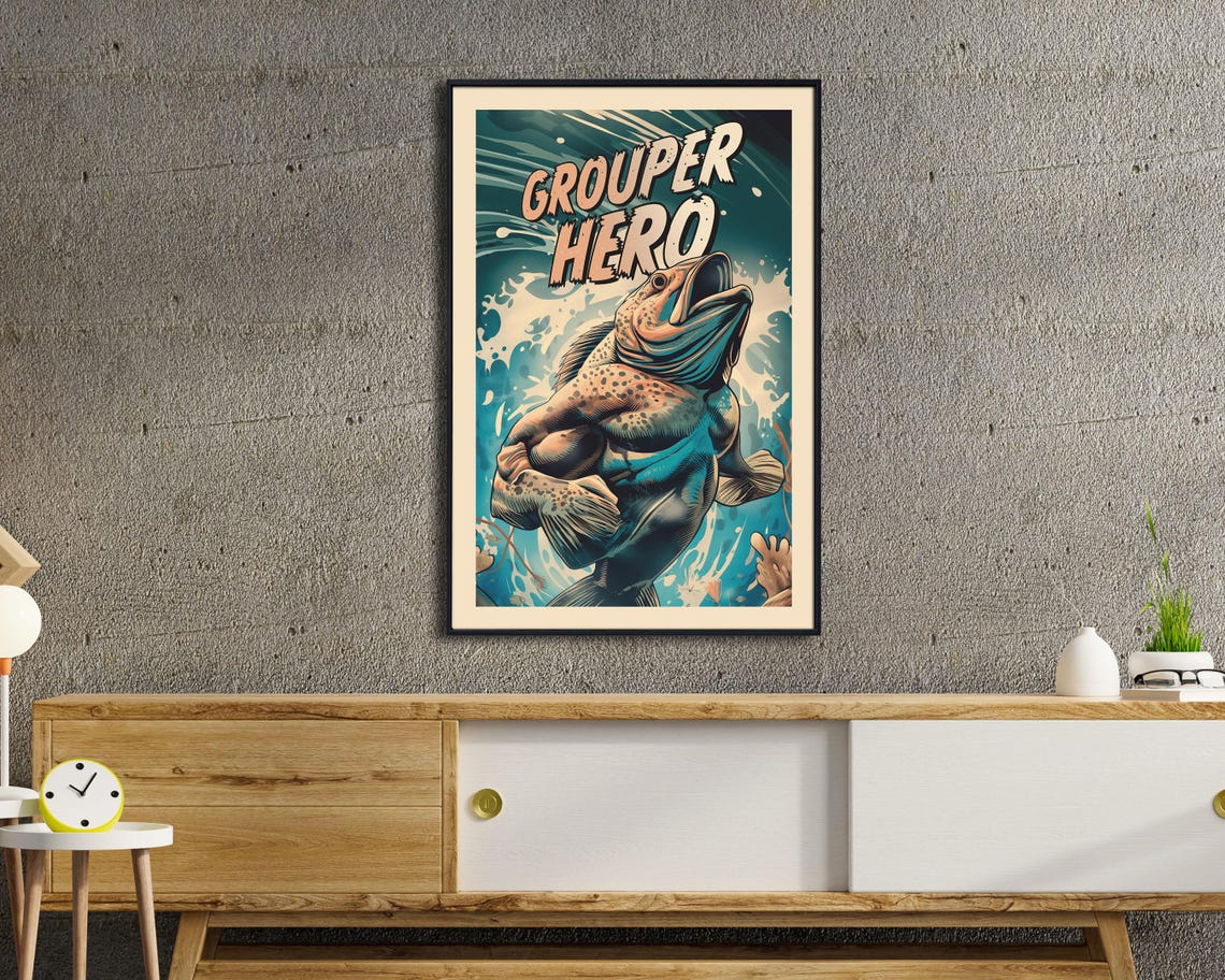 Grouper Hero Muscular Superhero Fish Leaping Comic Style Funny Poster - Image 4