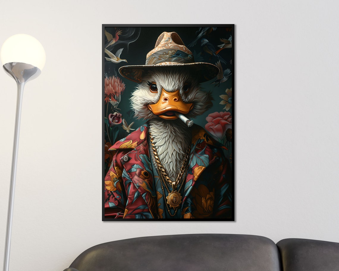 Dapper Duck In Floral Suit Fedora Gold Chains Funny Bird Wall Art - Image 3