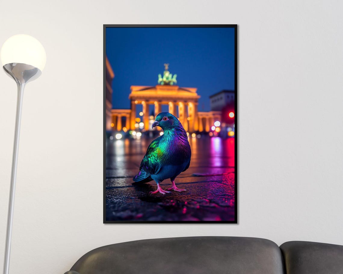 Neon Pigeon Berlin Night Brandenburg Gate City Street Wall Art - Image 4