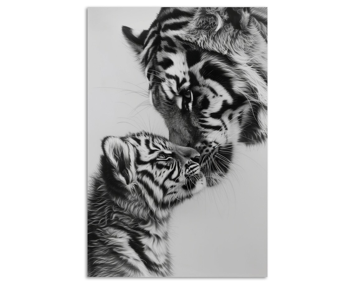Tender Tiger Mother And Cub Embrace Black And White Wildlife Art Poster - Image 4