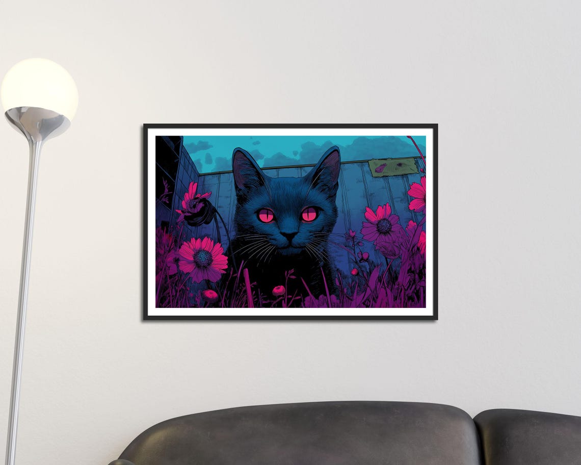 Neon Black Cat With Glowing Pink Eyes Floral Dark Aesthetic Poster - Image 2