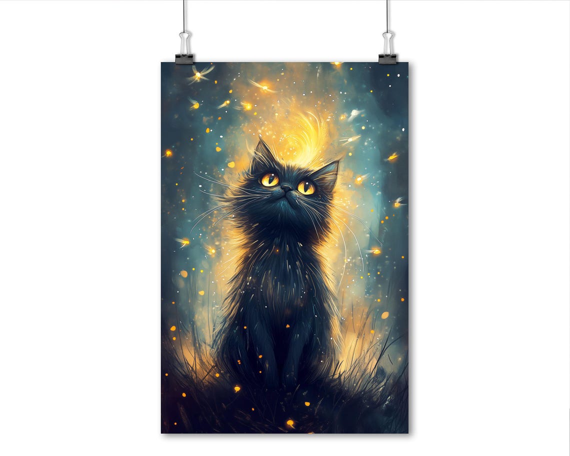 Black Kitten Gazing Up at Golden Light Magic Sparkles Wall Art - Image 8