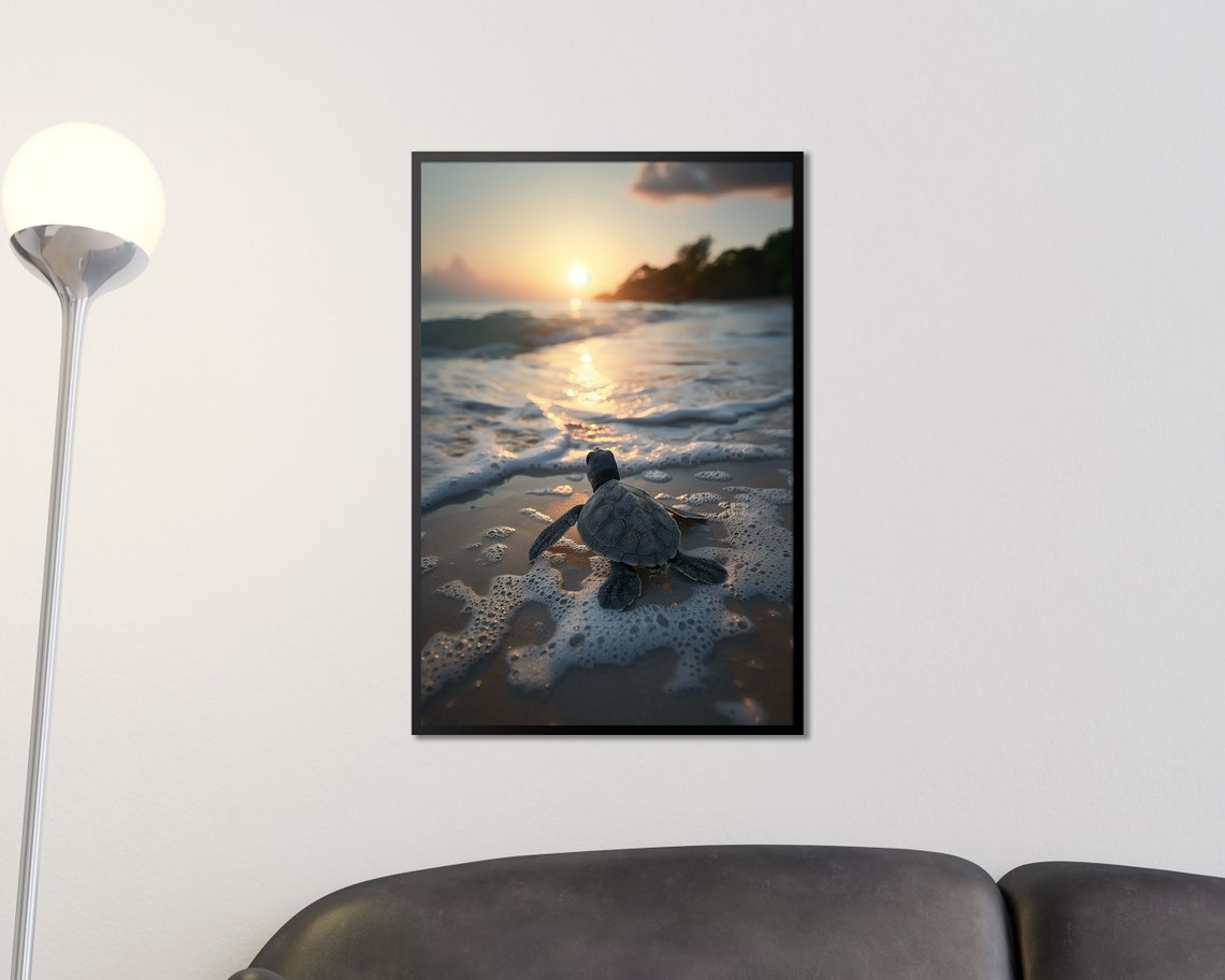Baby Sea Turtle Sunset Beach Surf Golden Ocean Wildlife Poster - Image 2