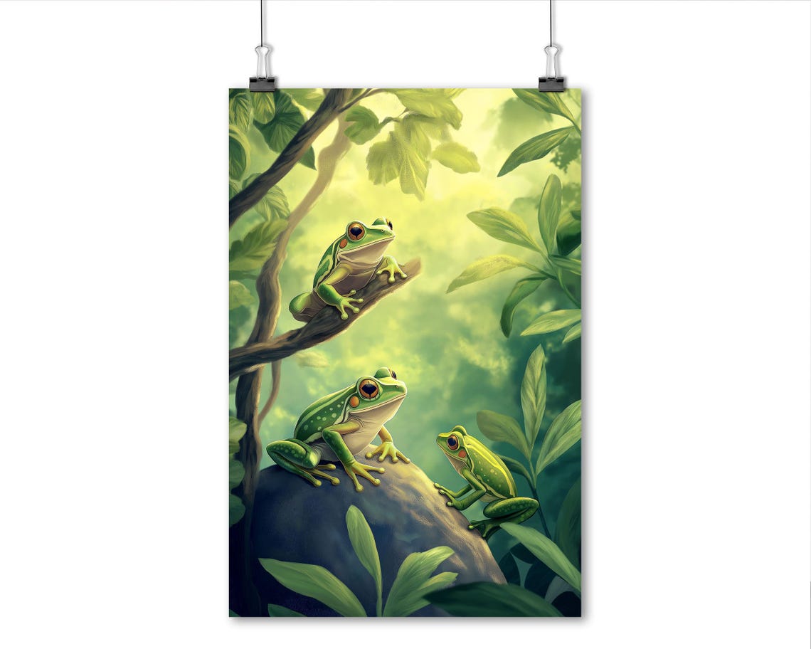 Three Green Tree Frogs in Sunlit Jungle Canopy Nature Wall Art - Image 7