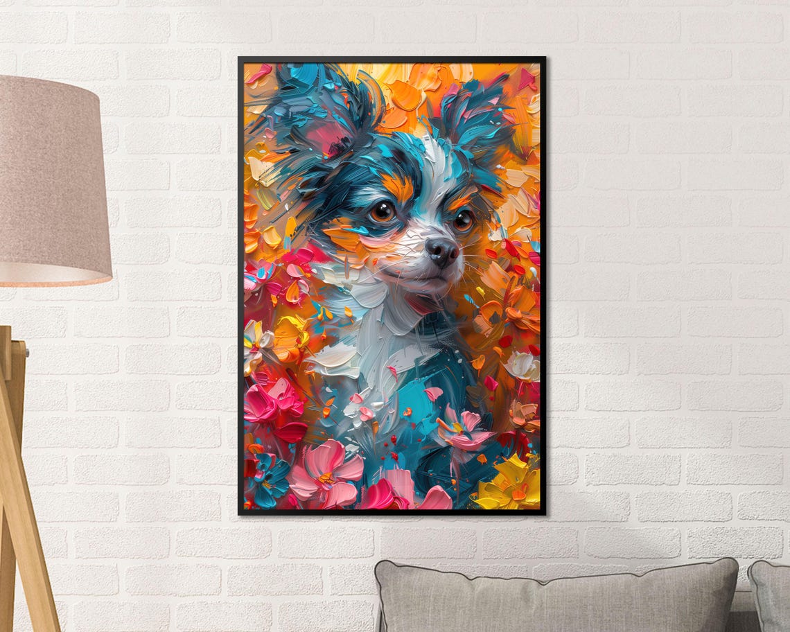 Colorful Impasto Dog Among Bright Flowers Vibrant Floral Wall Art - Image 4