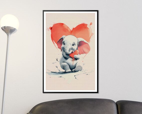 Baby Elephant With Red Heart Balloons Watercolor Love Art Poster