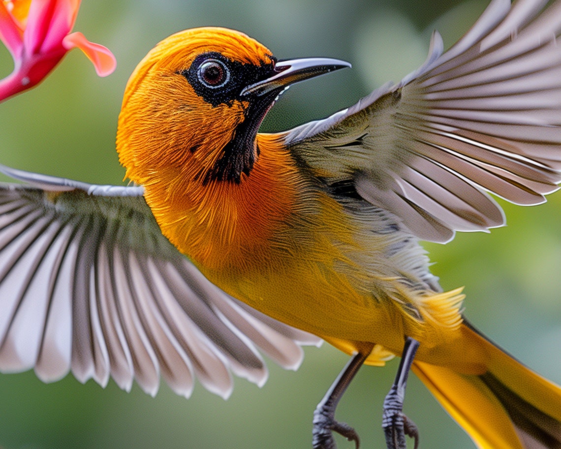 Oriole Hovering Near Red Trumpet Flowers Tropical Bird Art Poster - Image 5