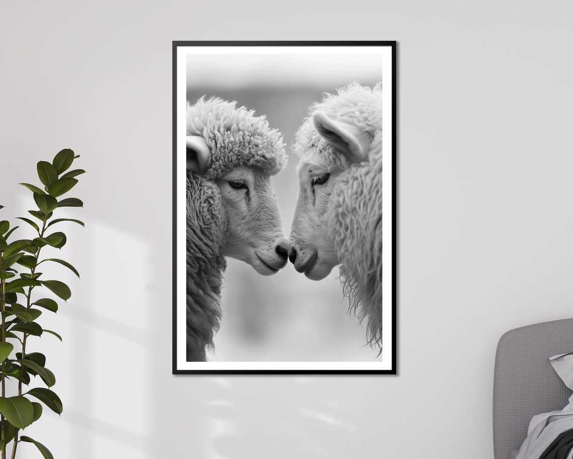 Tender Sheep Pair Nose To Nose Black And White Farm Animal Wall Poster - Image 3