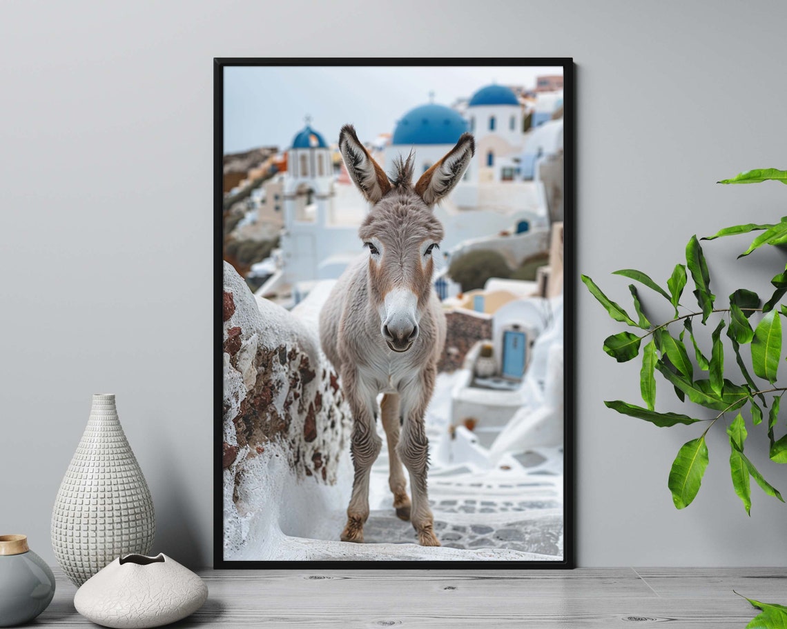 Santorini Donkey Standing By Blue Domes Old Town Greece Photo Wall Art