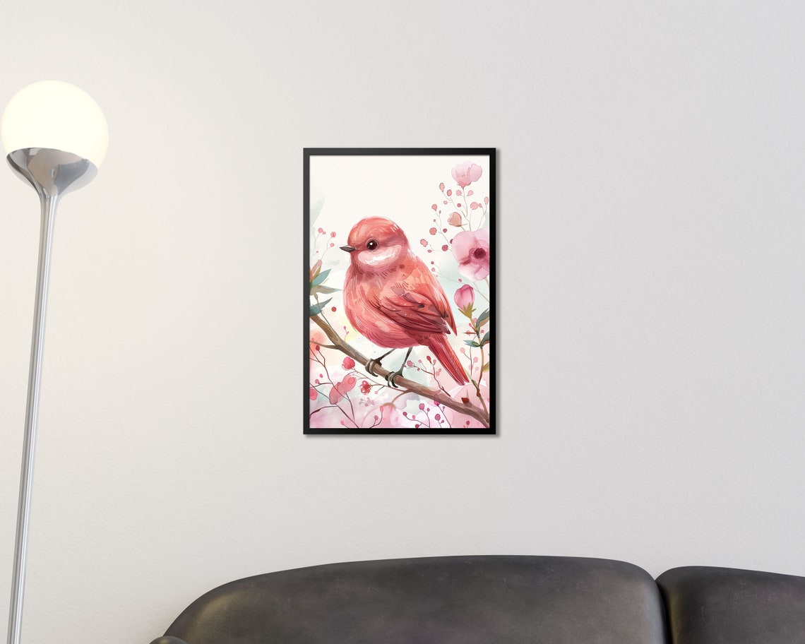Pink Bird On Blossom Branch Watercolor Pastel Floral Wall Art Print - Image 2