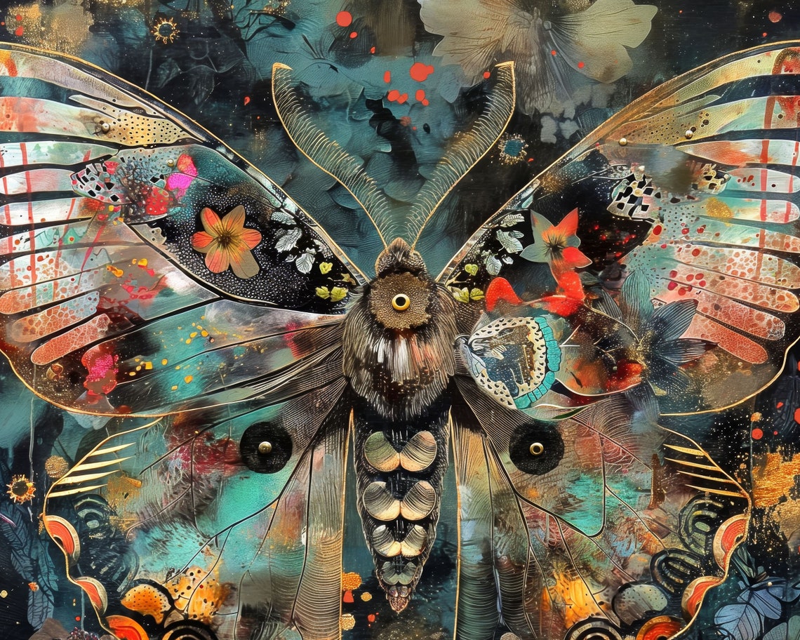Colorful Floral Moth Dream Bohemian Nature Insect Wall Art Print - Image 2