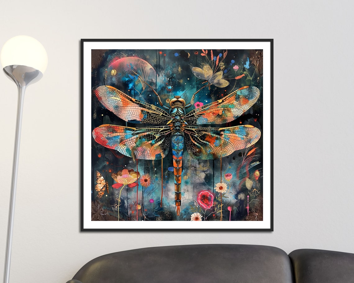 Colorful Dragonfly Dream Floral Bohemian Insect Wall Art Print - Image 4
