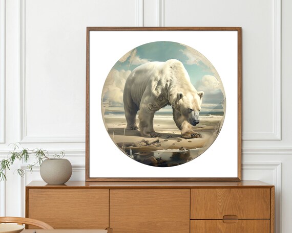 Majestic Polar Bear Arctic Beach Circle Painting Vintage Wildlife Poster