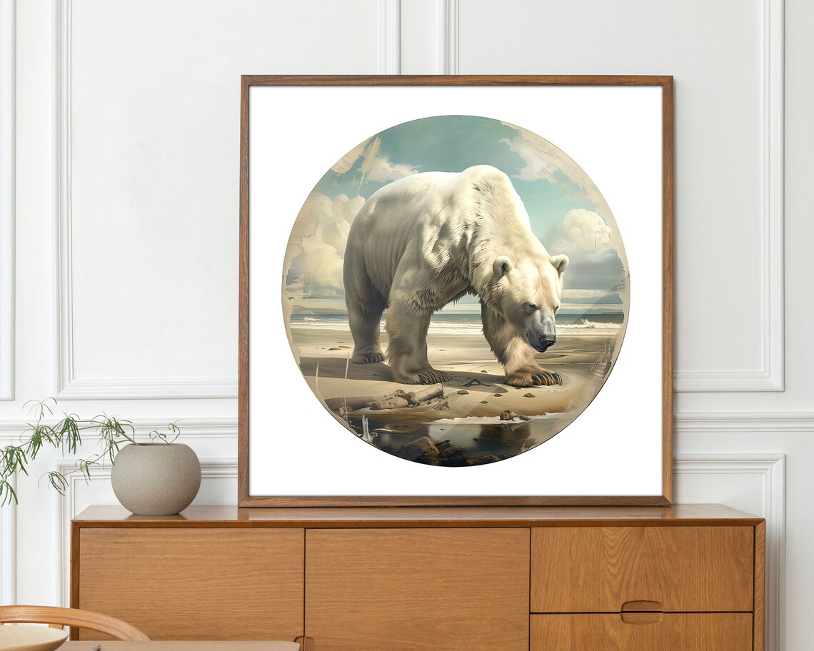 Majestic Polar Bear Arctic Beach Circle Painting Vintage Wildlife Poster
