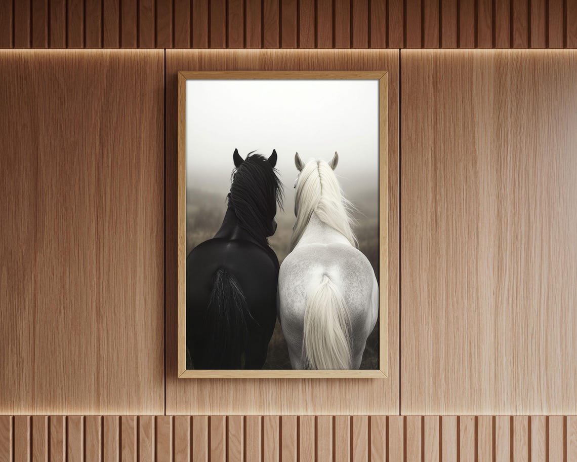 Black And White Horse Art Print Elegant Equine Wall Art Set Minimalist Animal Photography Nature Horse Decor Rear View For Living Room - Image 4