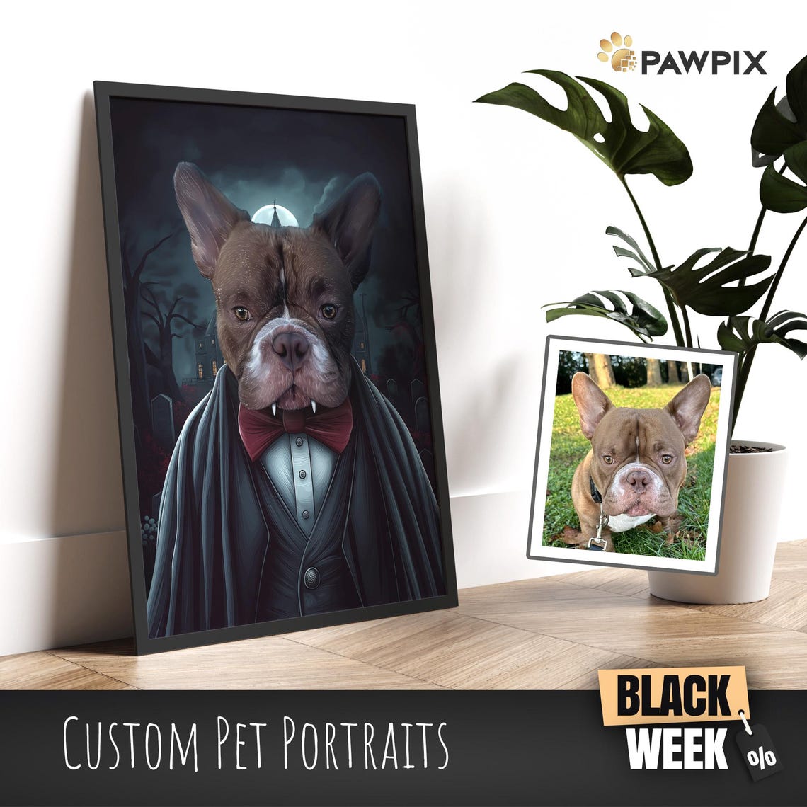 Custom French Bulldog Dracula Vampire Halloween Pet Portrait Poster