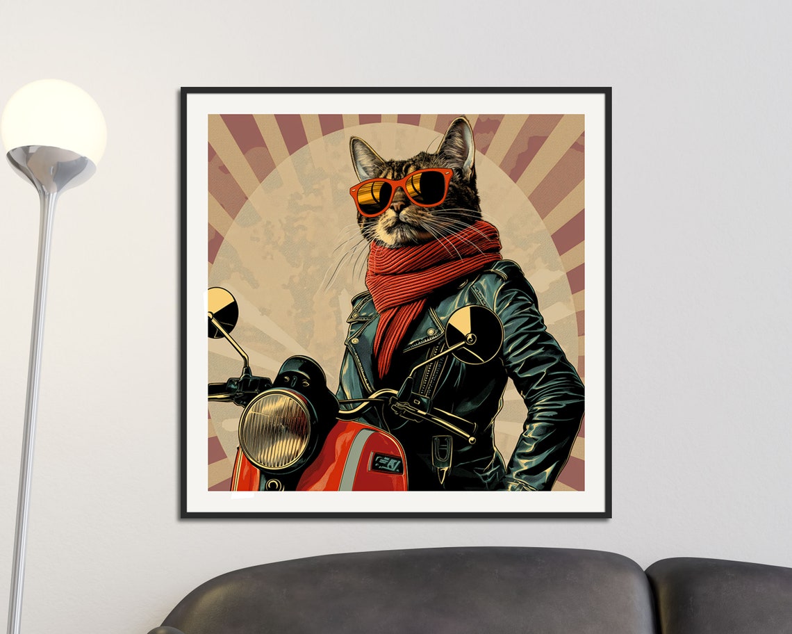 Cool Cat On Red Scooter Sunglasses Retro Biker Wall Art Print - Image 5
