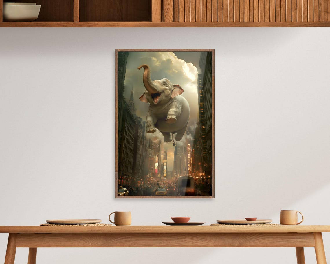 Flying Elephant Over City At Night Surreal Urban Fantasy Art Poster - Image 6