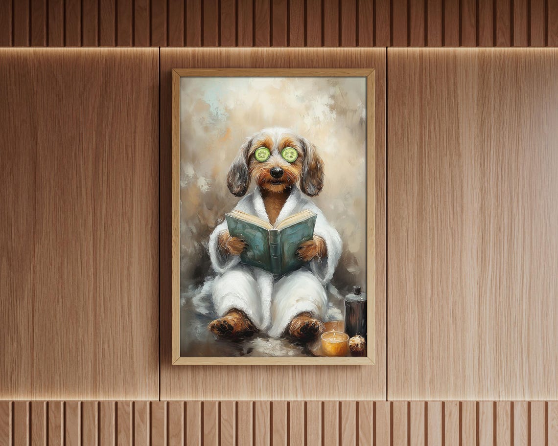 Dachshund Spa Day Bathrobe Book Cucumber Eyes Funny Bathroom Poster - Image 2