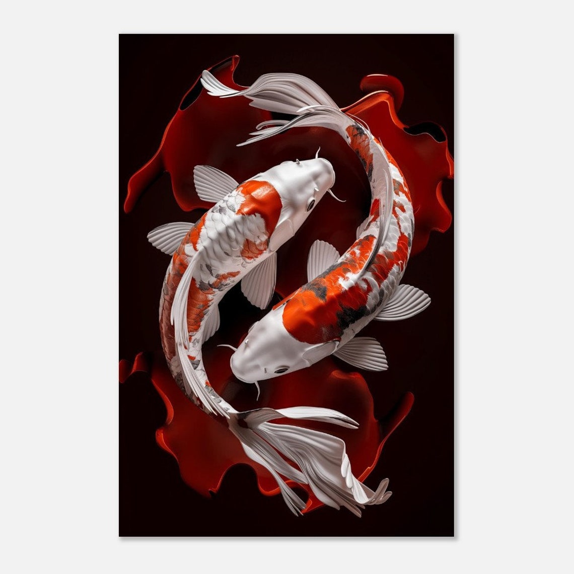 Yin Yang Koi Fish Pair Black Background Red Swirl Zen Art Print - Image 2