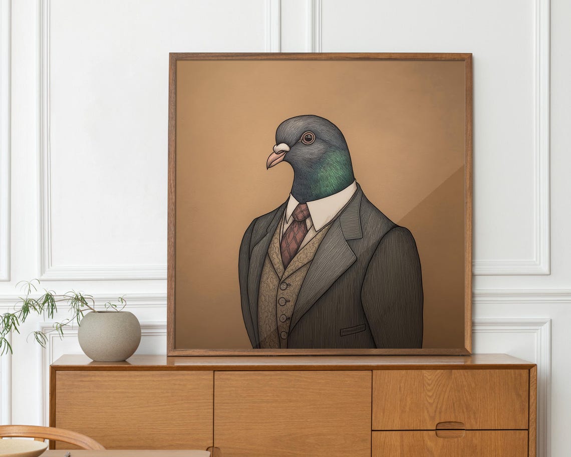 Dapper Pigeon In Vintage Suit Quirky Bird Portrait Art Poster