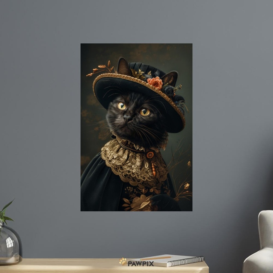 Regal Black Cat Victorian Floral Hat Dark Academia Feline Wall Art - Image 2