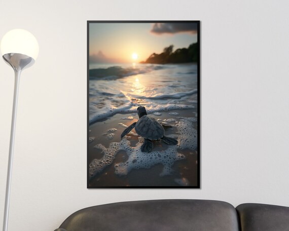 Baby Sea Turtle Sunset Beach Surf Golden Ocean Wildlife Poster
