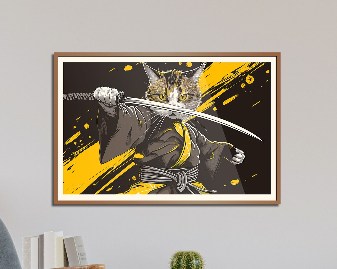 Samurai Cat Warrior With Katana Sword Bold Black Gold Graphic Art Poster - Image 5