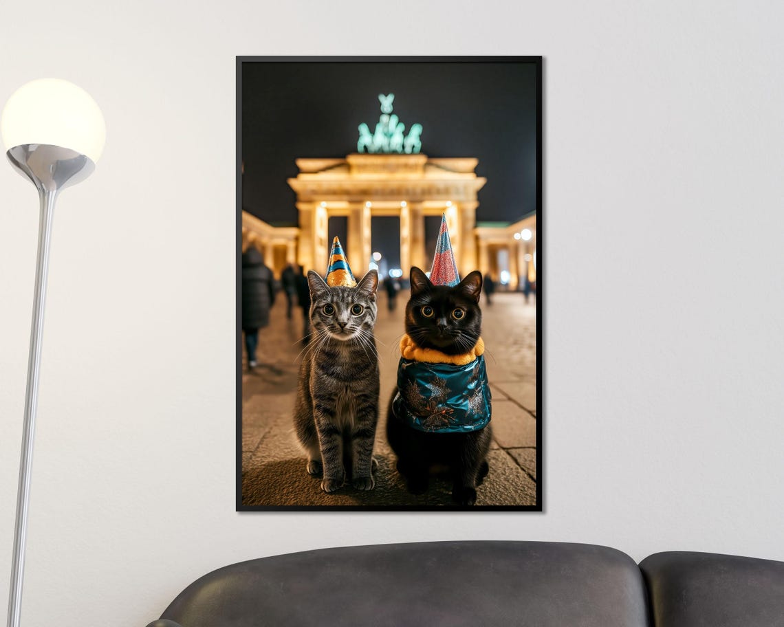 Two Party Cats Brandenburg Gate Berlin Night Celebration Wall Art - Image 4