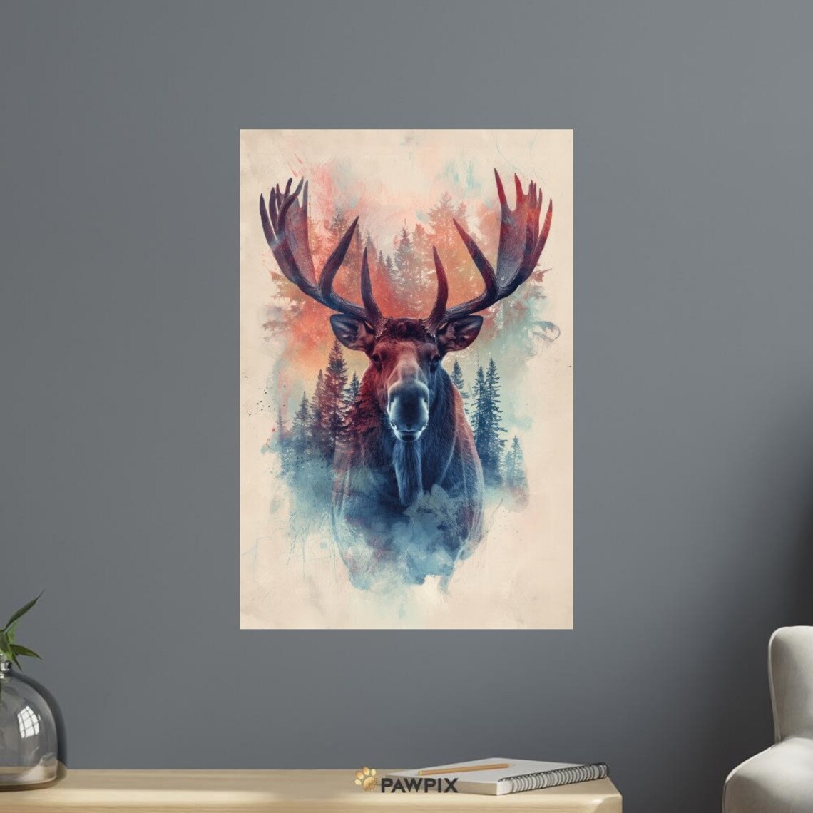 Majestic Moose Forest Watercolor Double Exposure Rustic Wildlife Art Poster - Image 4