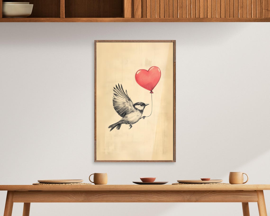 Flying Sketch Bird Carrying Red Heart Balloon Romantic Wall Art - Image 6