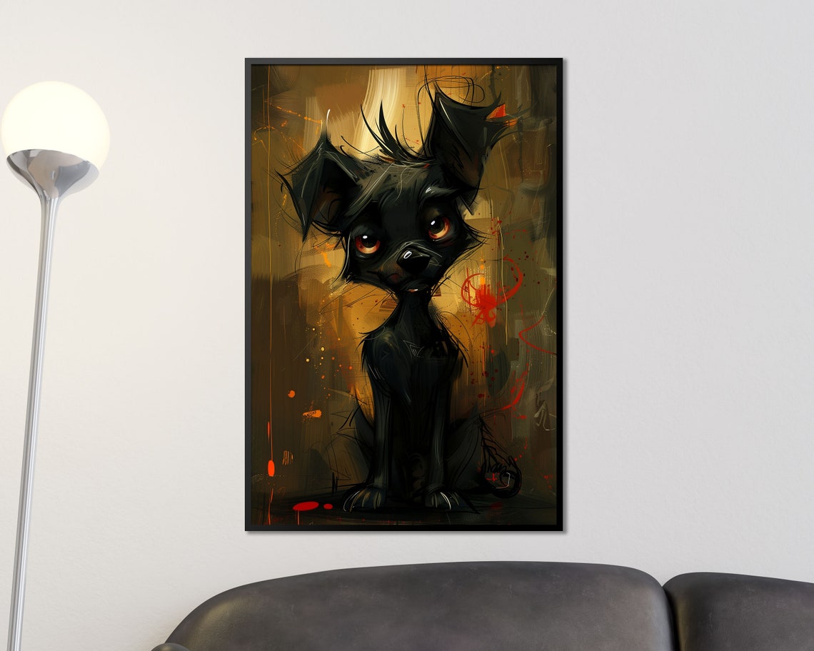 Expressive Black Puppy Big Eyes Quirky Painterly Pet Art Poster - Image 3