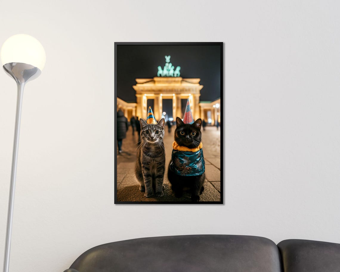 Two Party Cats Brandenburg Gate Berlin Night Celebration Wall Art - Image 3