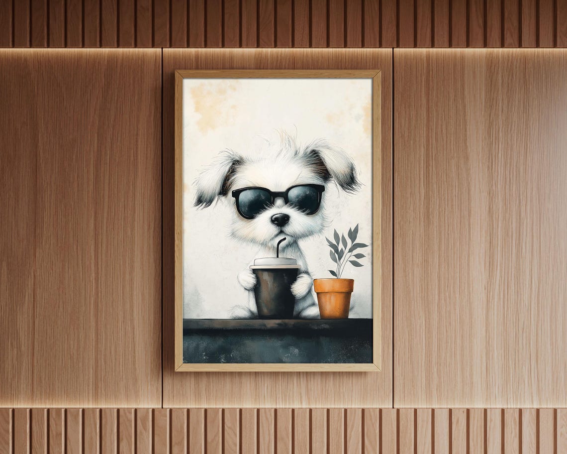 Cool Puppy With Sunglasses And Takeout Coffee Watercolor Dog Poster - Image 3