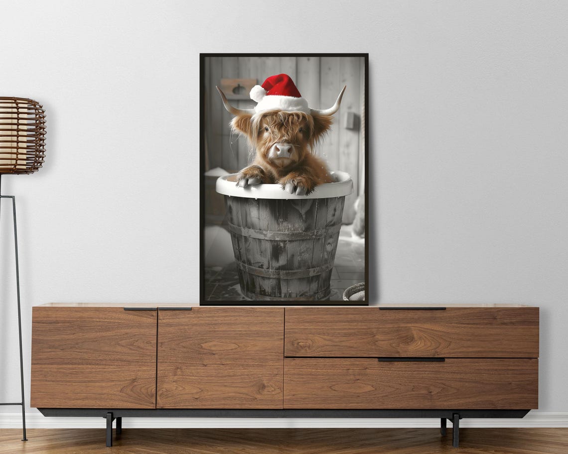 Highland Cow In Santa Hat Sitting In Wooden Barrel Christmas Poster - Image 2