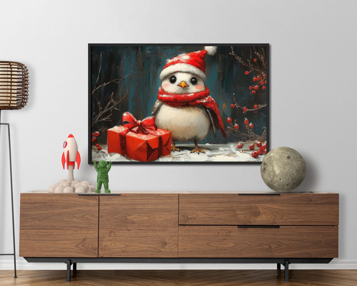 White Winter Bird With Santa Hat Gift Box Snowy Holiday Poster - Image 5