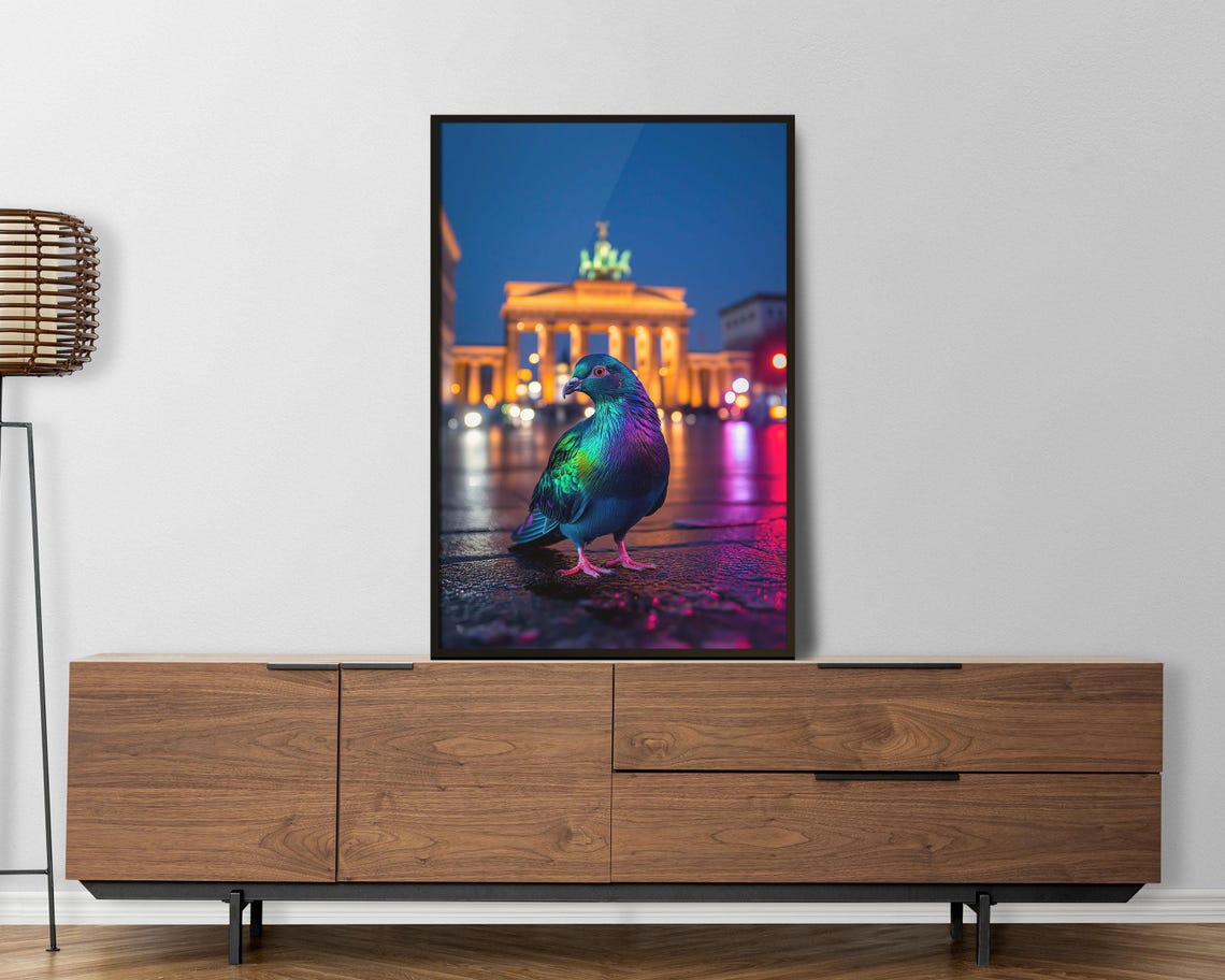 Neon Pigeon Berlin Night Brandenburg Gate City Street Wall Art - Image 6