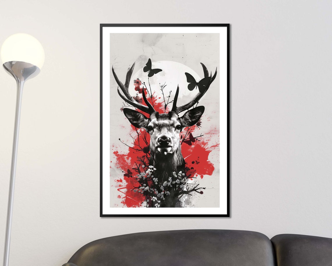 Majestic Stag With Butterflies Red Black Modern Deer Wall Art Print