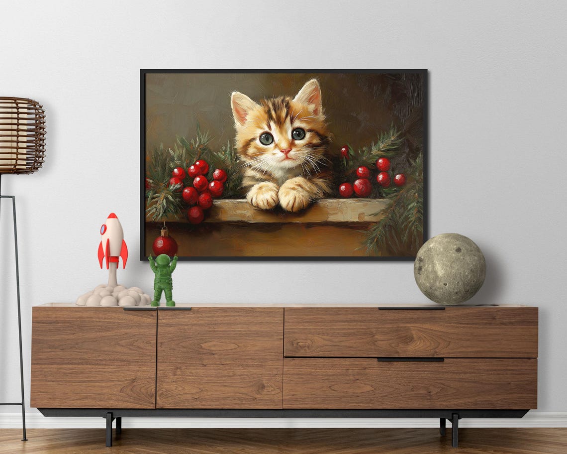 Orange Tabby Kitten With Red Christmas Berries Oil Painting Art Poster - Image 4