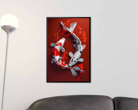 Eternal Yin And Yang Koi Fish Dance On Red Poster Zen Aquatic Art Meditation Wall Art Spiritual Home Decor