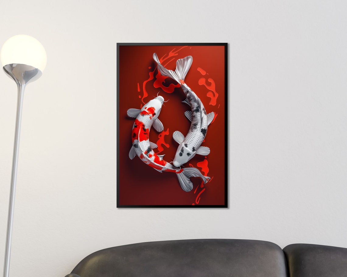 Yin Yang Koi Fish Circle Deep Red Zen Aquatic Meditation Wall Art