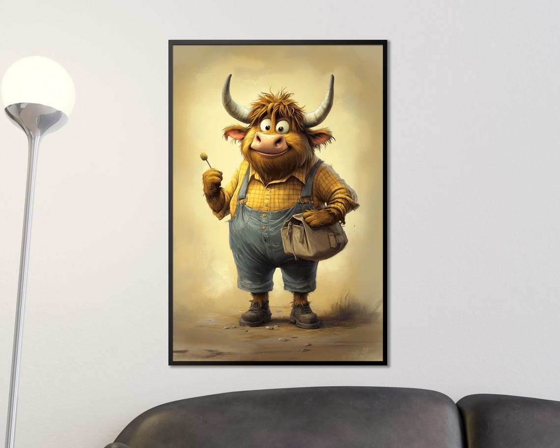 Farmer Cow In Overalls Whimsical Highland Cattle Farm Art Poster - Image 2