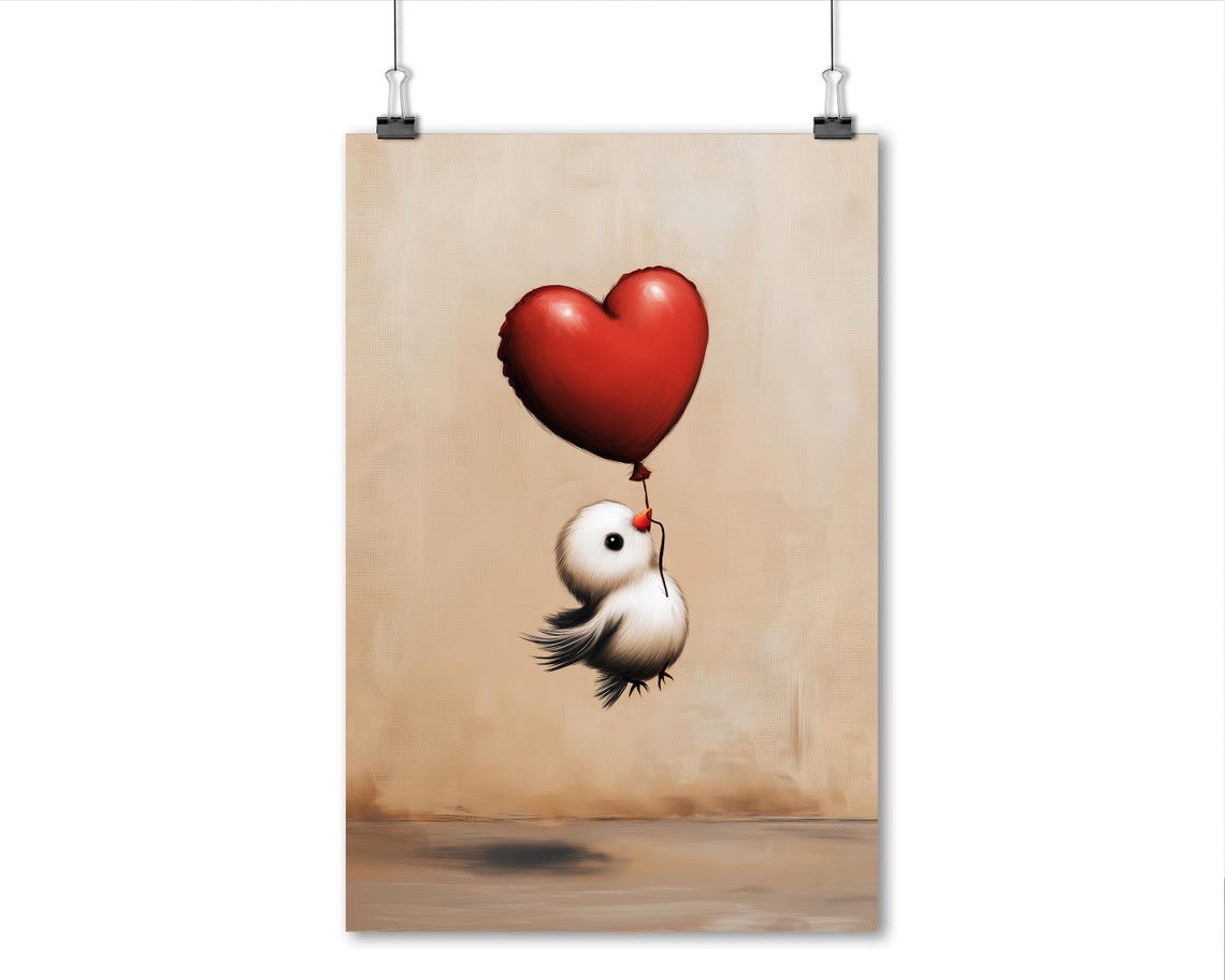 Tiny White Bird Floating with Red Heart Balloon Nursery Wall Art - Image 6