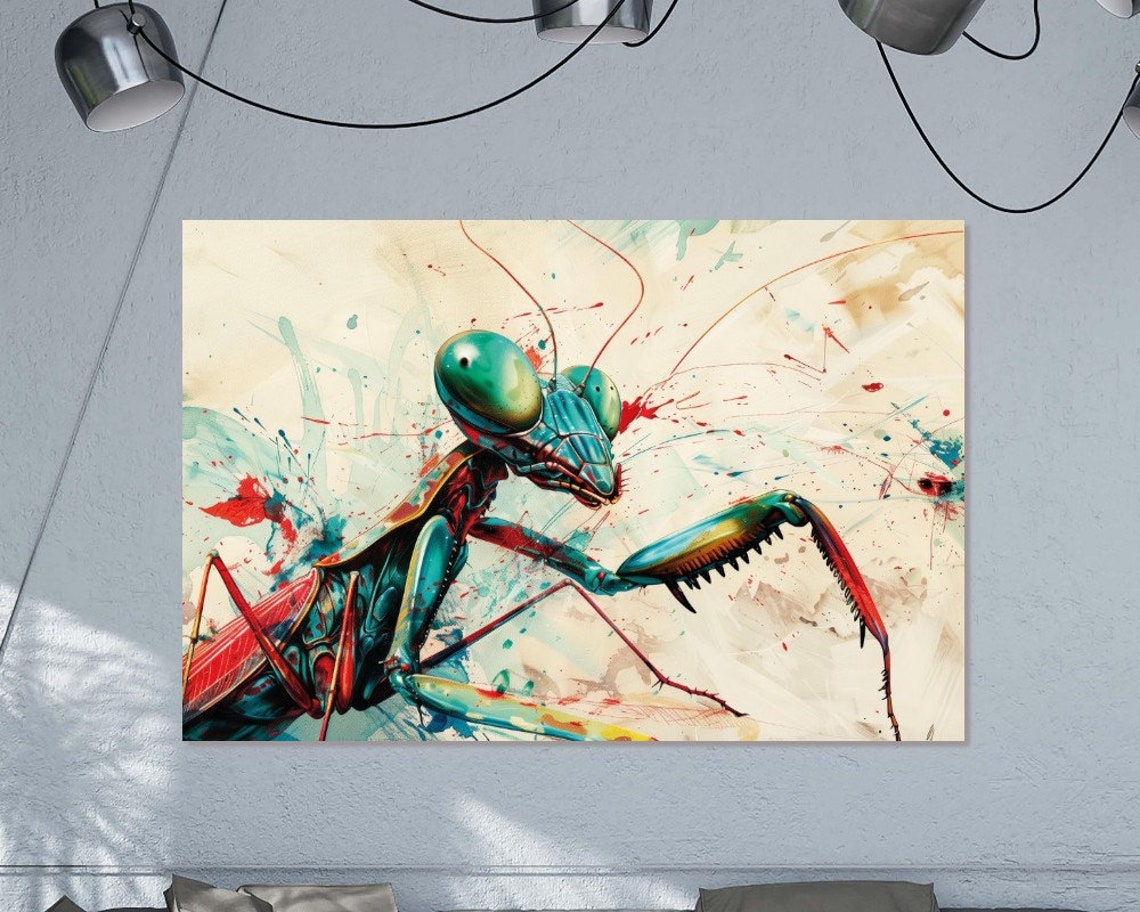Microcosm Praying Mantis Macro Painting Vibrant Teal Red Splash Poster