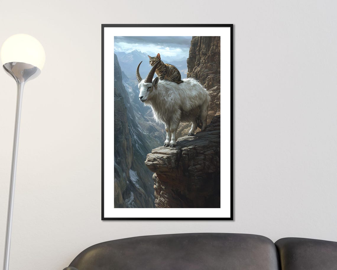 Mountain Goat Cliff Edge with Cat Riding Back Surreal Animal Poster - Image 4