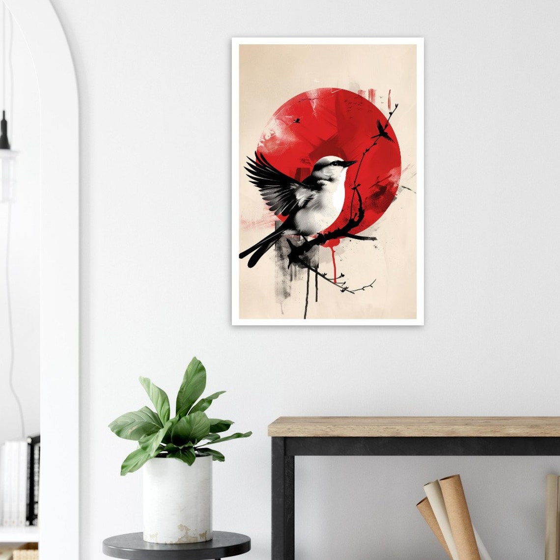 Swallow Red Sun Ink Wash Perched Branch Minimalist Japanese Art Poster - Image 2
