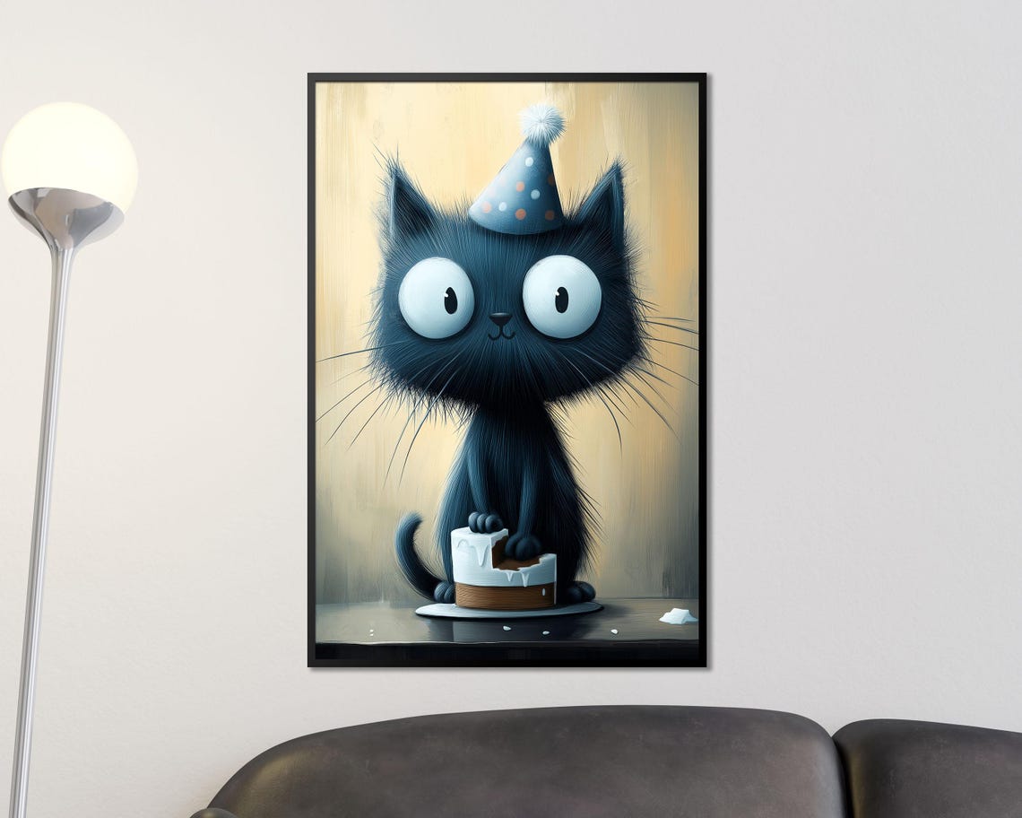 Cute Black Cat with Party Hat Eating Birthday Cake Fun Wall Art - Image 4